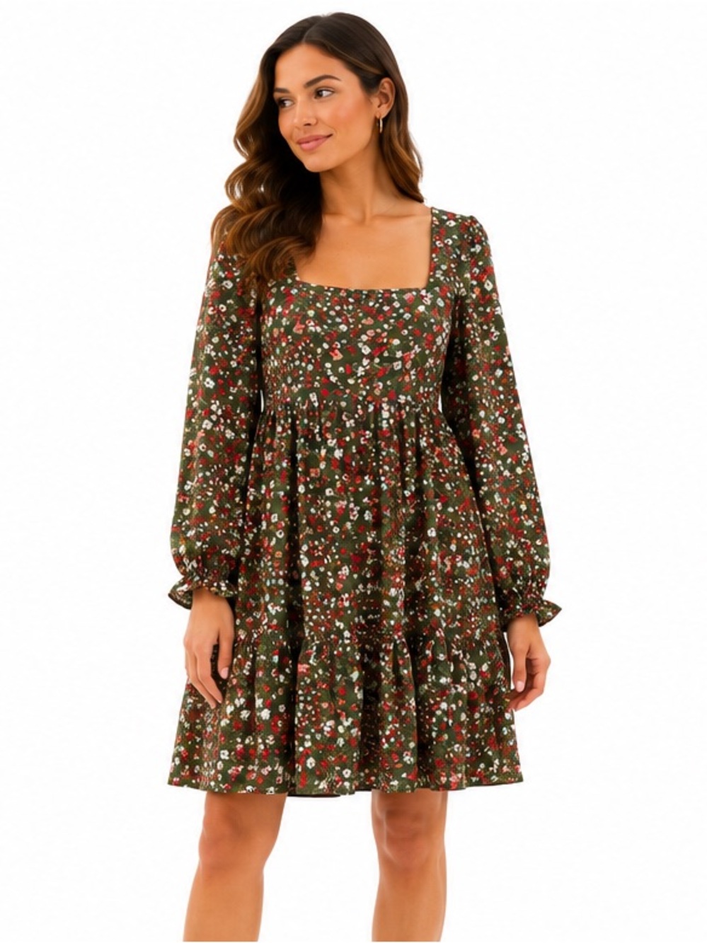 BCBG Paris Floral Babydoll Mini Dress Olive Green Long Sleeve Medium
